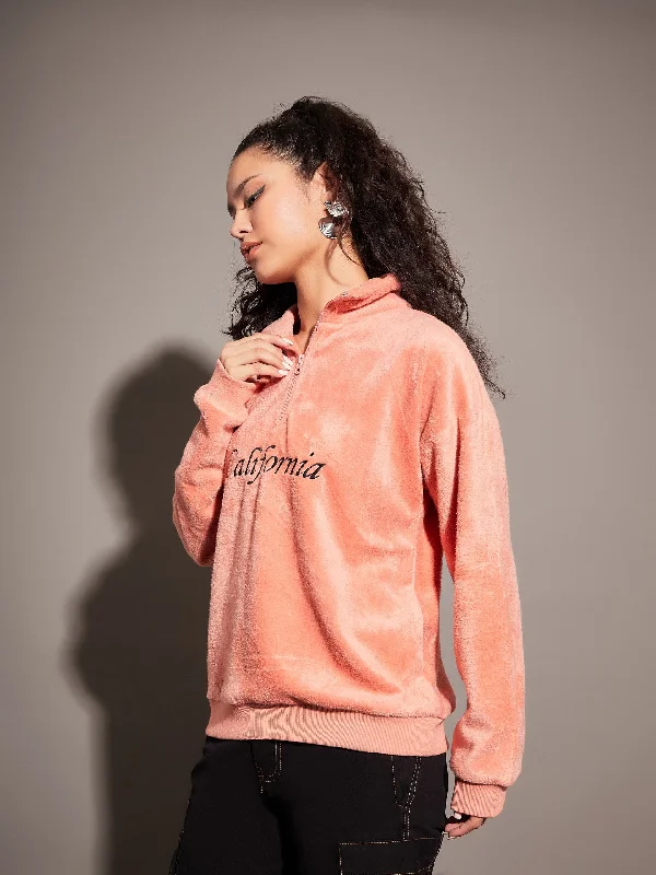 Women Pink Fur CALIFORNIA Embroidered High Neck Sweatshirt