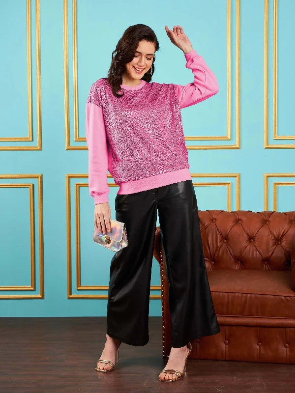 Women Pink Sequin Oversized Sweatshirt