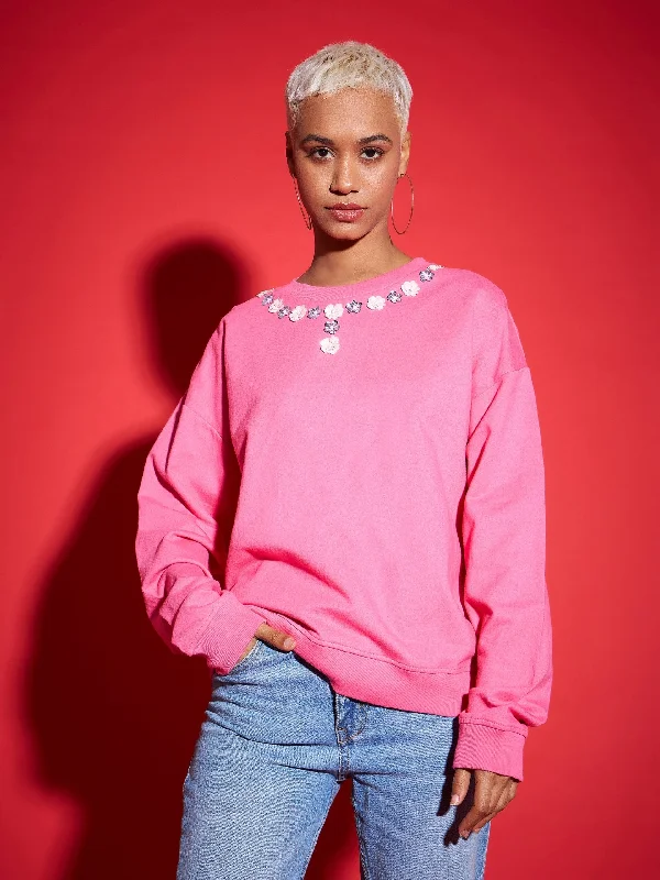 Women Pink Terry Neck Sequin Embellished Oversized Sweatshirt