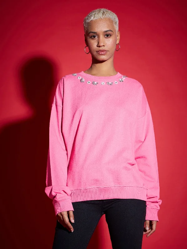 Women Pink Terry Stud Pearl Oversized Sweatshirt