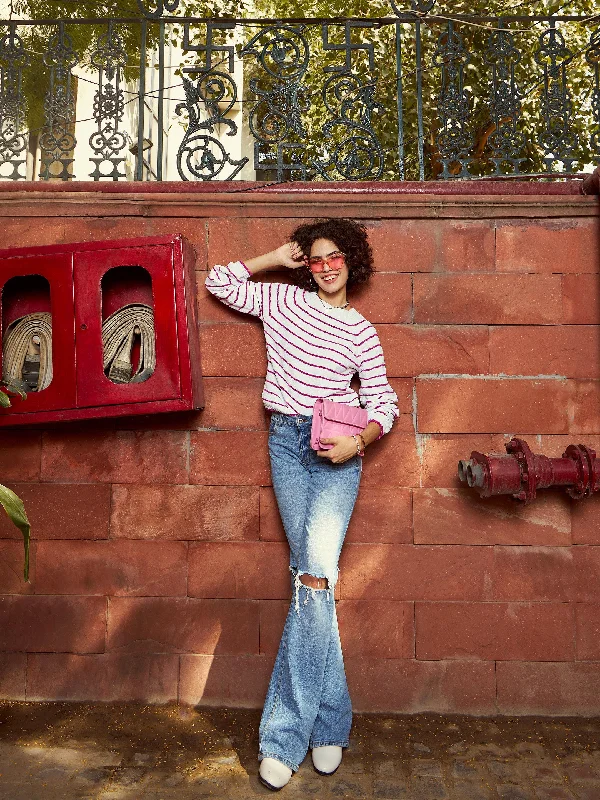 Women Pink & White Striped Full Sleeves Sweater