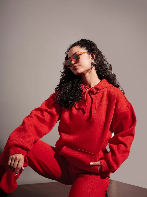 Women Red Fleece Oversized Hoodie