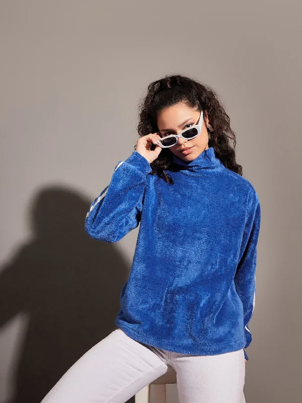 Women Royal Blue Fur Contrast Tape High Neck Sweatshirt