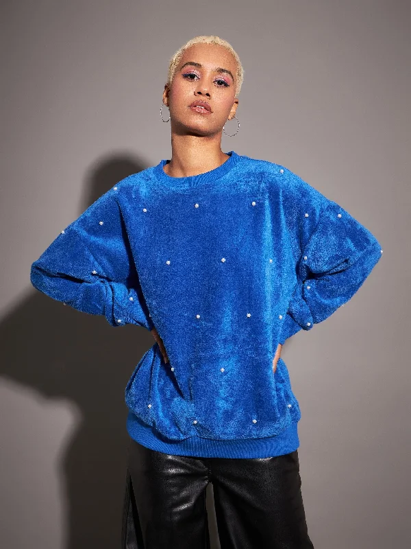 Women Royal Blue Fur Pearl Sweatshirt