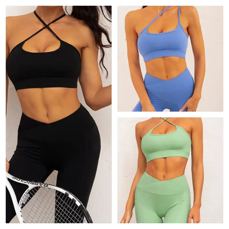 Fashion Spaghetti Strap Bra Double Pocket Pants Three Piece Sexy Suspenders Beautiful Back Fitness Yoga Exercise 5Colors