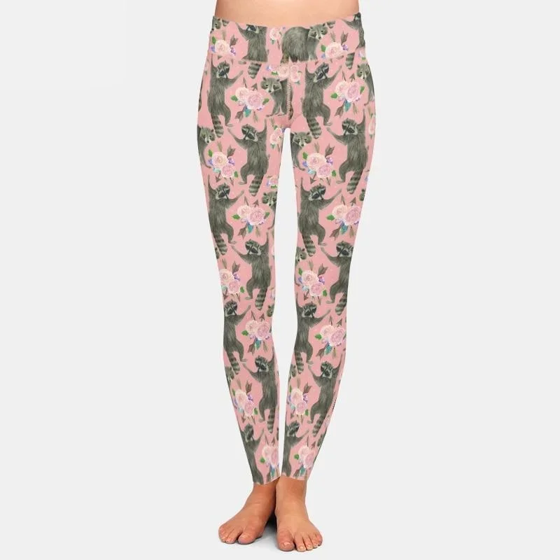 Ladies 3D Cartoon Raccoon & Flowers Printed Leggings