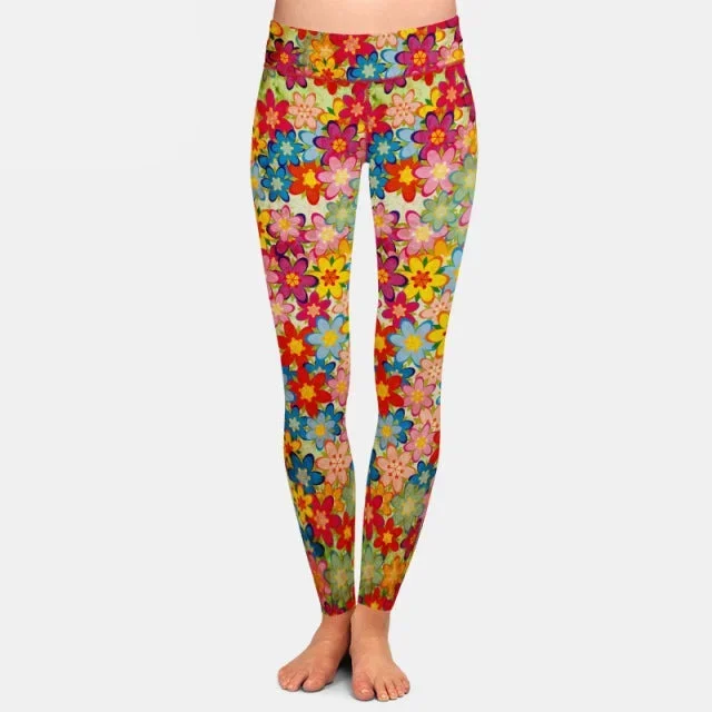 Ladies 3D Colourful Flowers Digital Printed Leggings