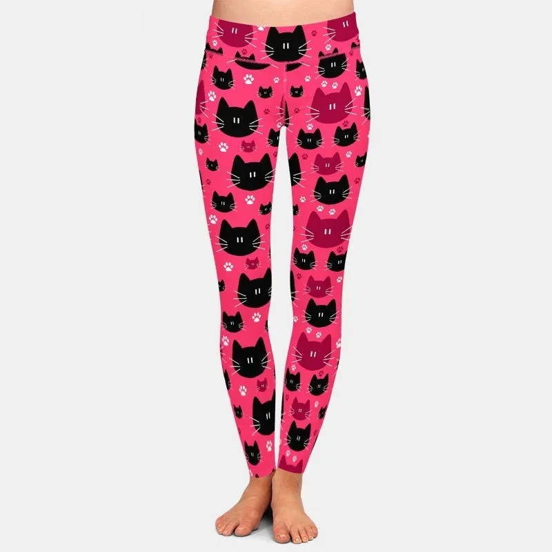 Ladies 3D Cute Cat Faces Digital Printed Leggings