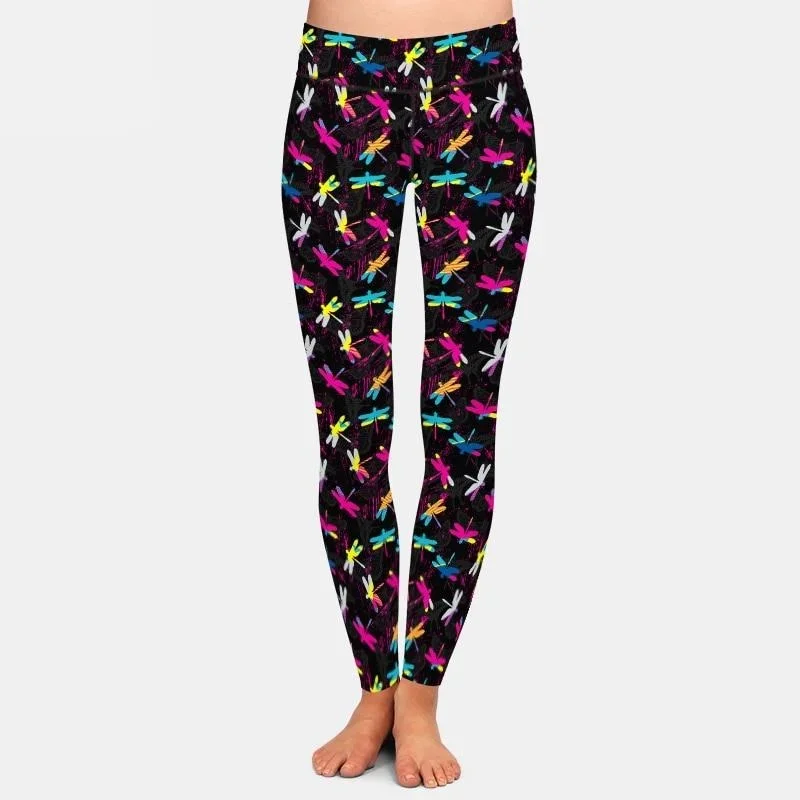 Ladies 3D Rainbow Dragonflies Digital Printed Leggings