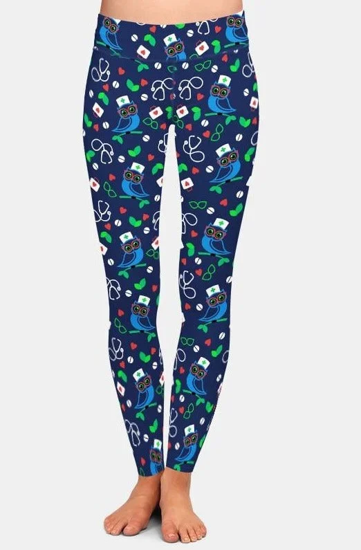 Ladies Blue Owl Doctor/Nurse Printed Leggings