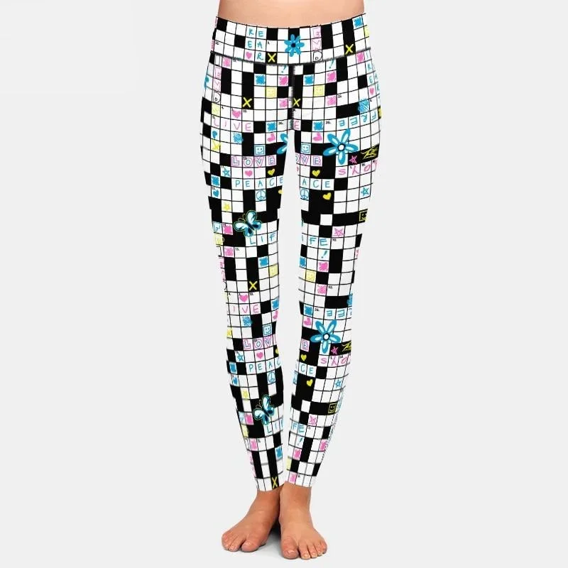 Ladies Crossword Puzzle With Flowers & Butterflies Printed Leggings