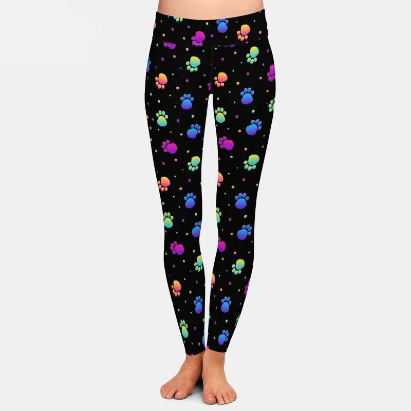 Ladies Cute Colourful Dog Paw Prints Patterned Leggings