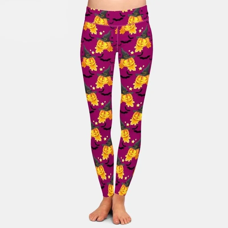 Ladies Halloween Pumpkin Head Witches & Bats Printed Leggings