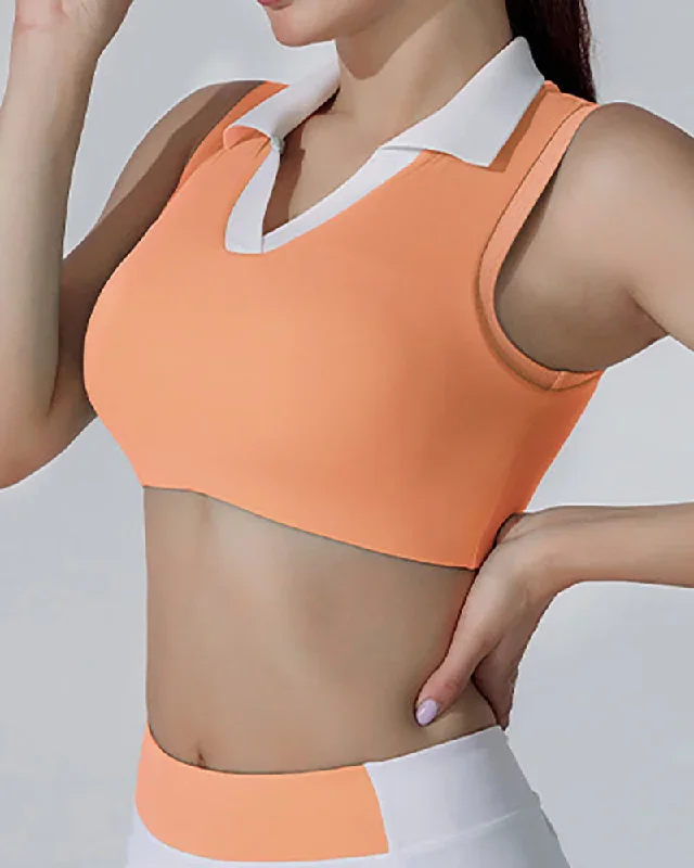 Lapel Sleeveless V-neck Golf Sports Tennis Crop Bra Green Blue Orange Pink S-XL