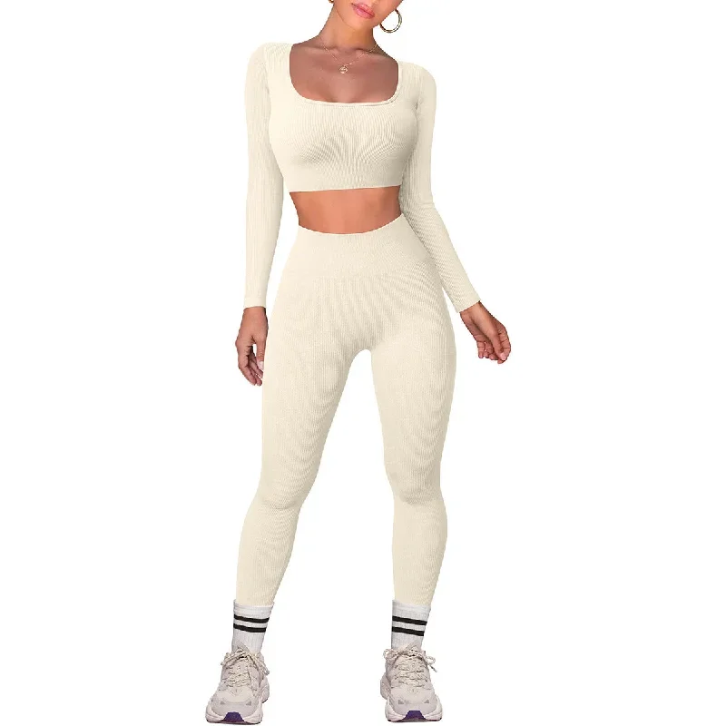 Square collar long sleeve yoga clothes high waist trousers sports fitness clothes 4 colors