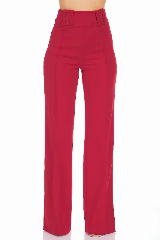 High Waist Pants With Self Fabric Buckle Detail On The Waist