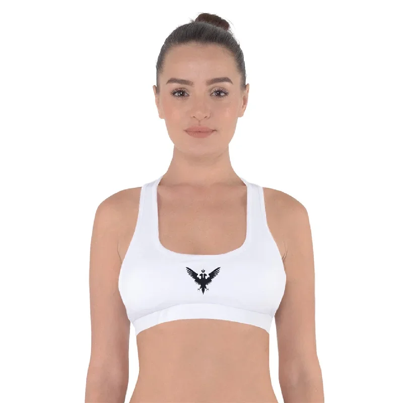 White Cross Back Sports Bra with a Black Double Headed Eagle