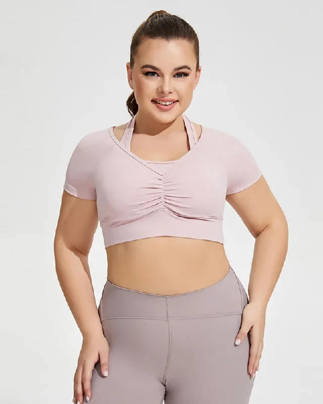 Woman Halter Neck Short Sleeve Plus Size Sports Bra Crop Top Pink Aprocit Black XL-4XL