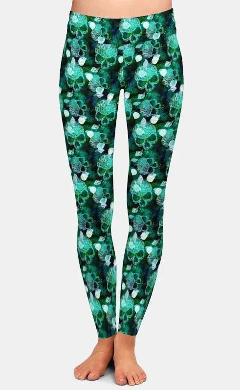 Womens Green Scaled Skulls Printed Leggings