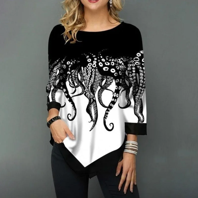 Womens Printed O-Neck Tunic Blouses